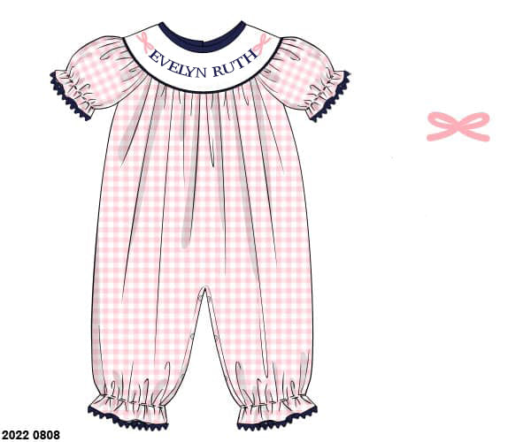 RTS: DEFECT- Winter Name Smock Collection- Navy & Pink Gingham- Girls Knit Romper (Evelyn Ruth)
