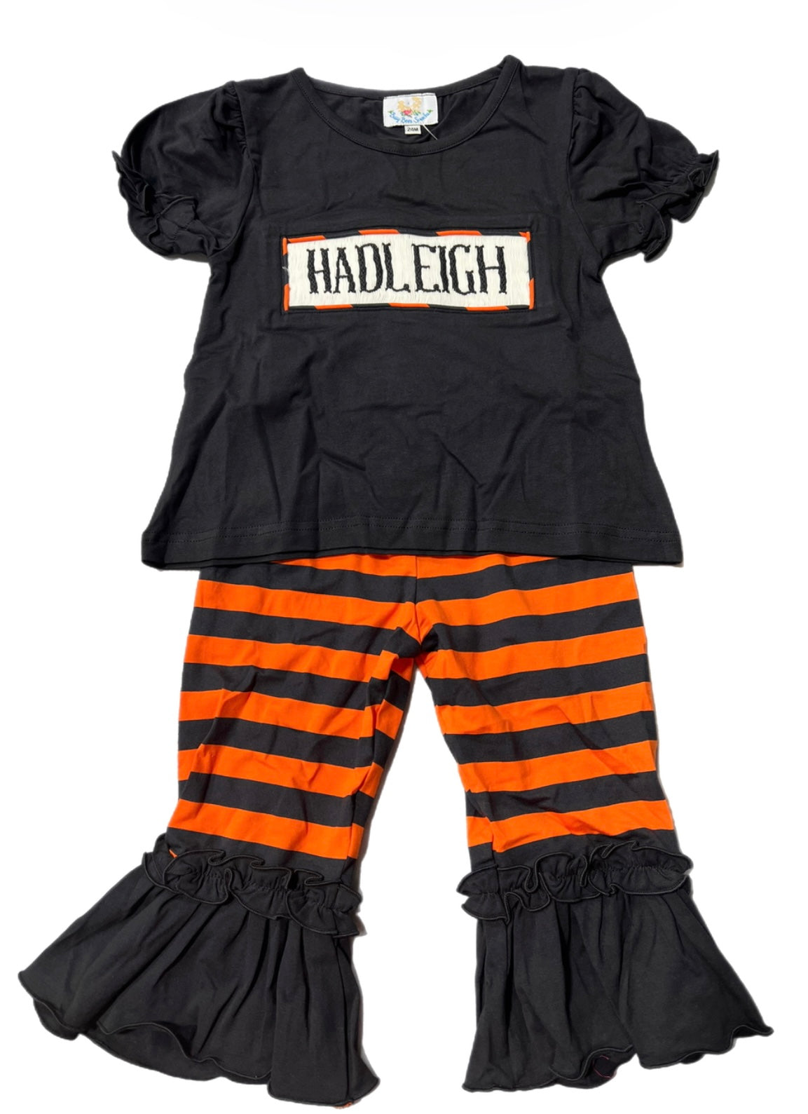RTS: Halloween Name Smocks- Orange & Black Knit Stripe Girl Pant Set “Hadleigh”