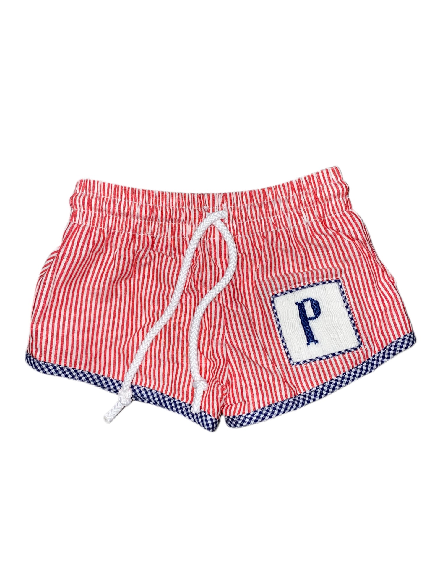 RTS: Boys Patriotic Swim Collection- Name Smock Initial Super Shortie Swim Shorts “P”