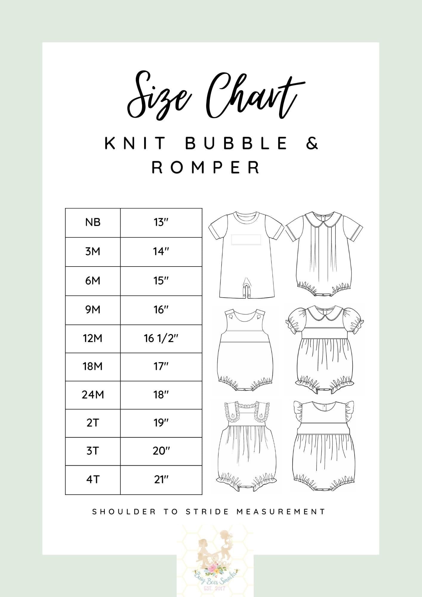 Knit Bubble / Romper Size Chart