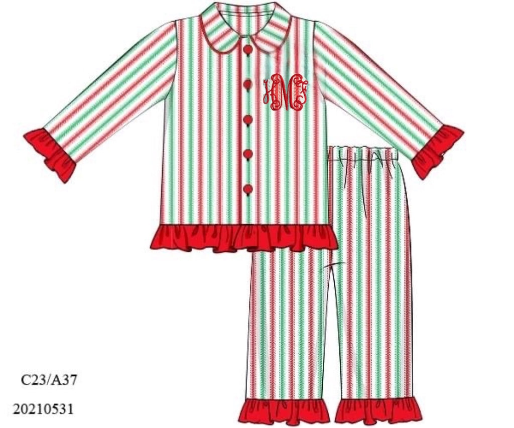 RTS: Red & Green Stripe Girls 2p Knit Pjs “HMF”