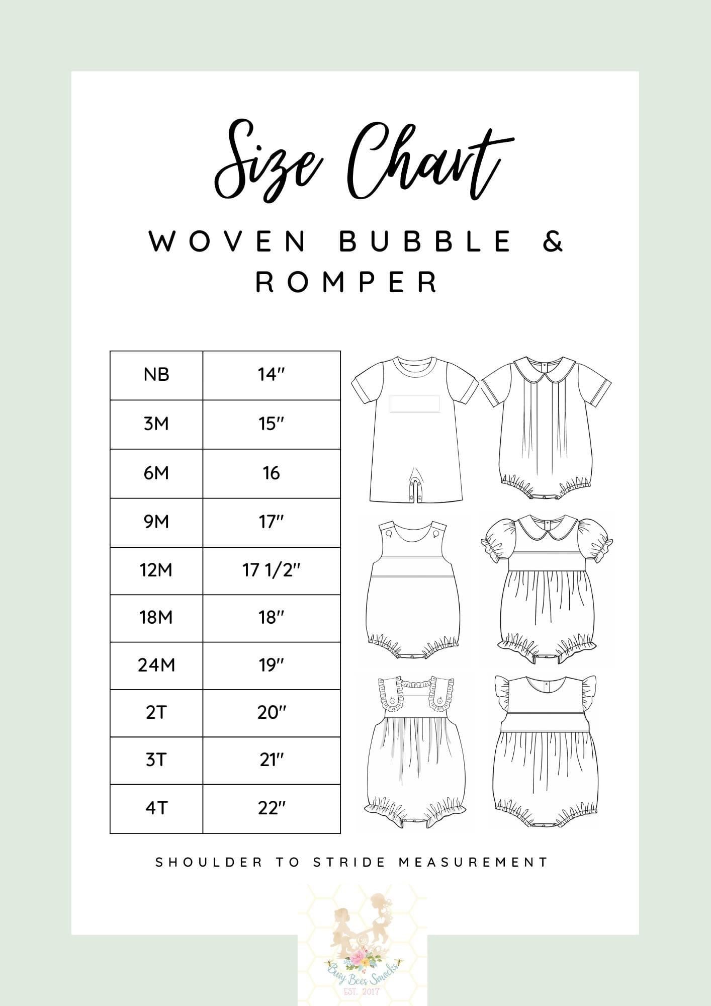 Woven Bubble / Romper Size Chart