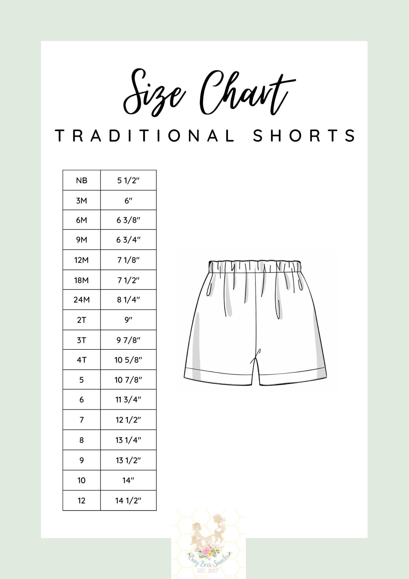 Boys Traditional Length Shorts Size Chart
