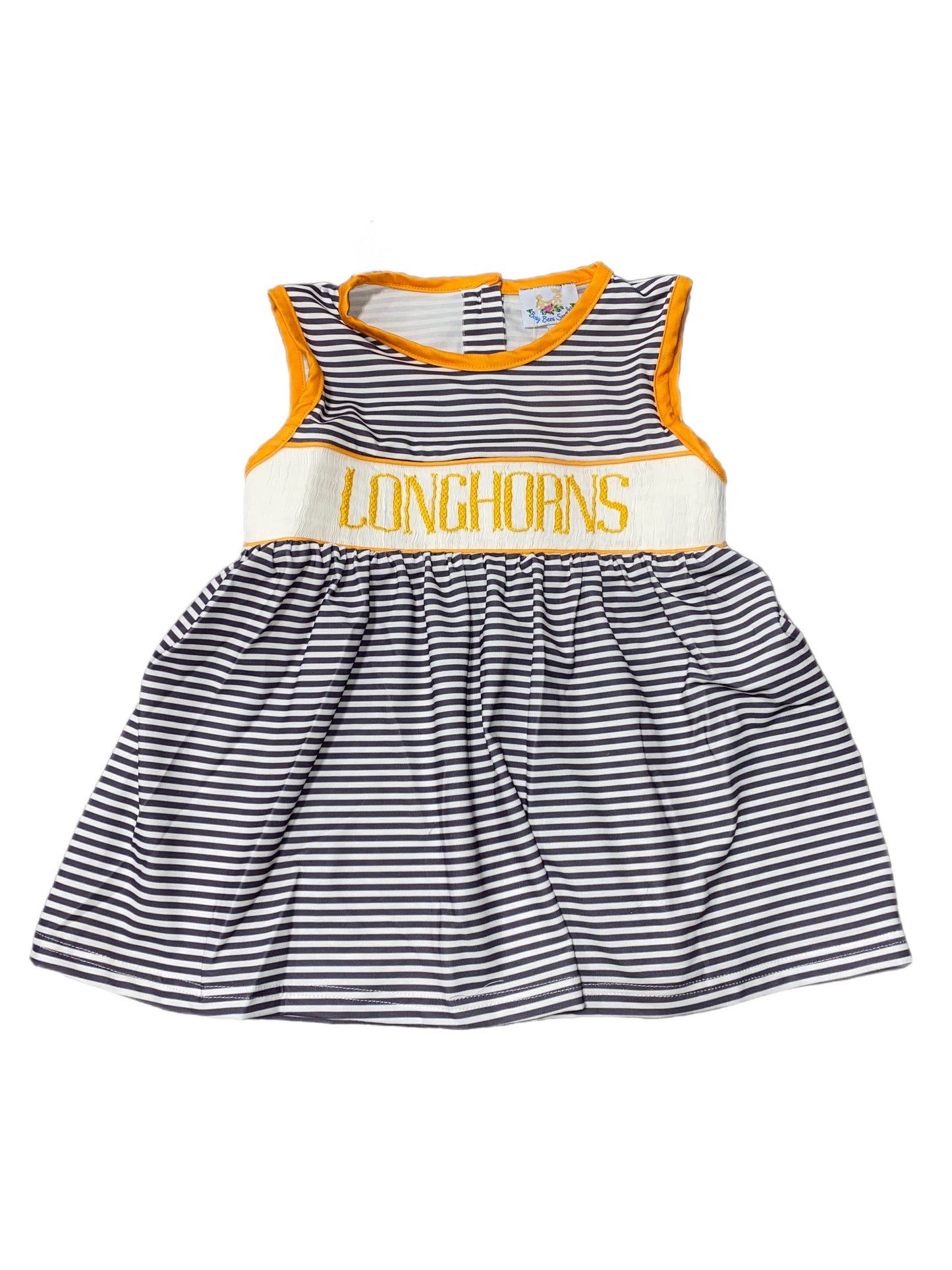 RTS: Girls Gray Stripe & Orange Sleeveless Name Smock Shirt “ LONGHORNS “