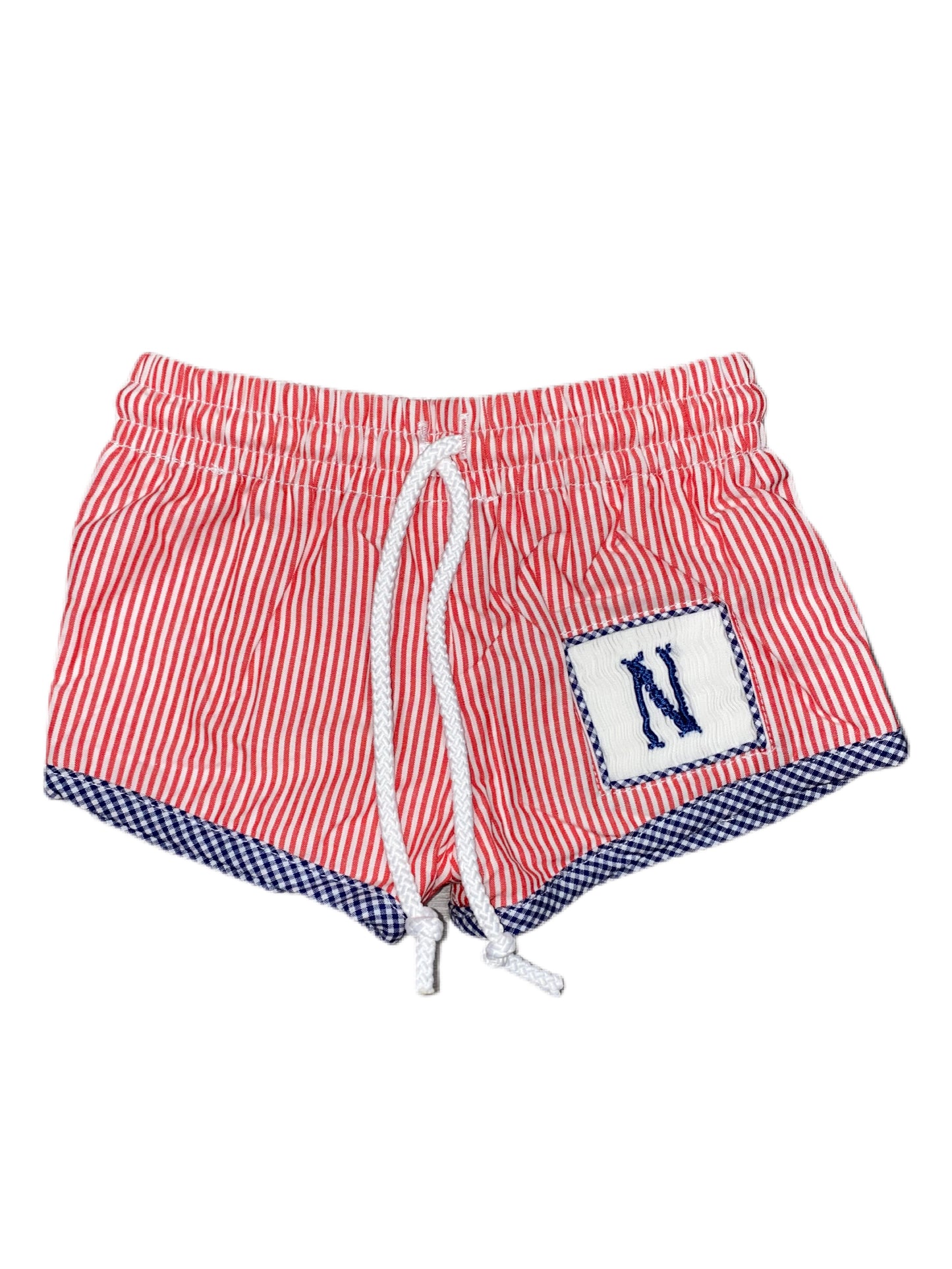 RTS: Boys Patriotic Swim Collection- Name Smock Initial Super Shortie Swim Shorts “N”