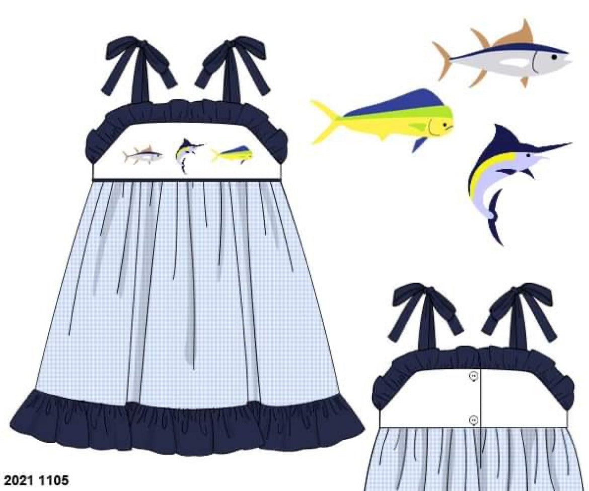 RTS: Sport Fish Collection- Navy & Gingham- Girls Woven Dress