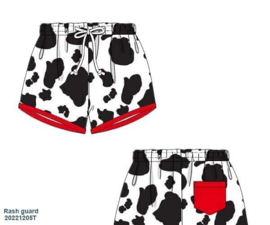 RTS: Farm Swim Collection- Cow Print-  Boys Woven Swim Shortie Shorts