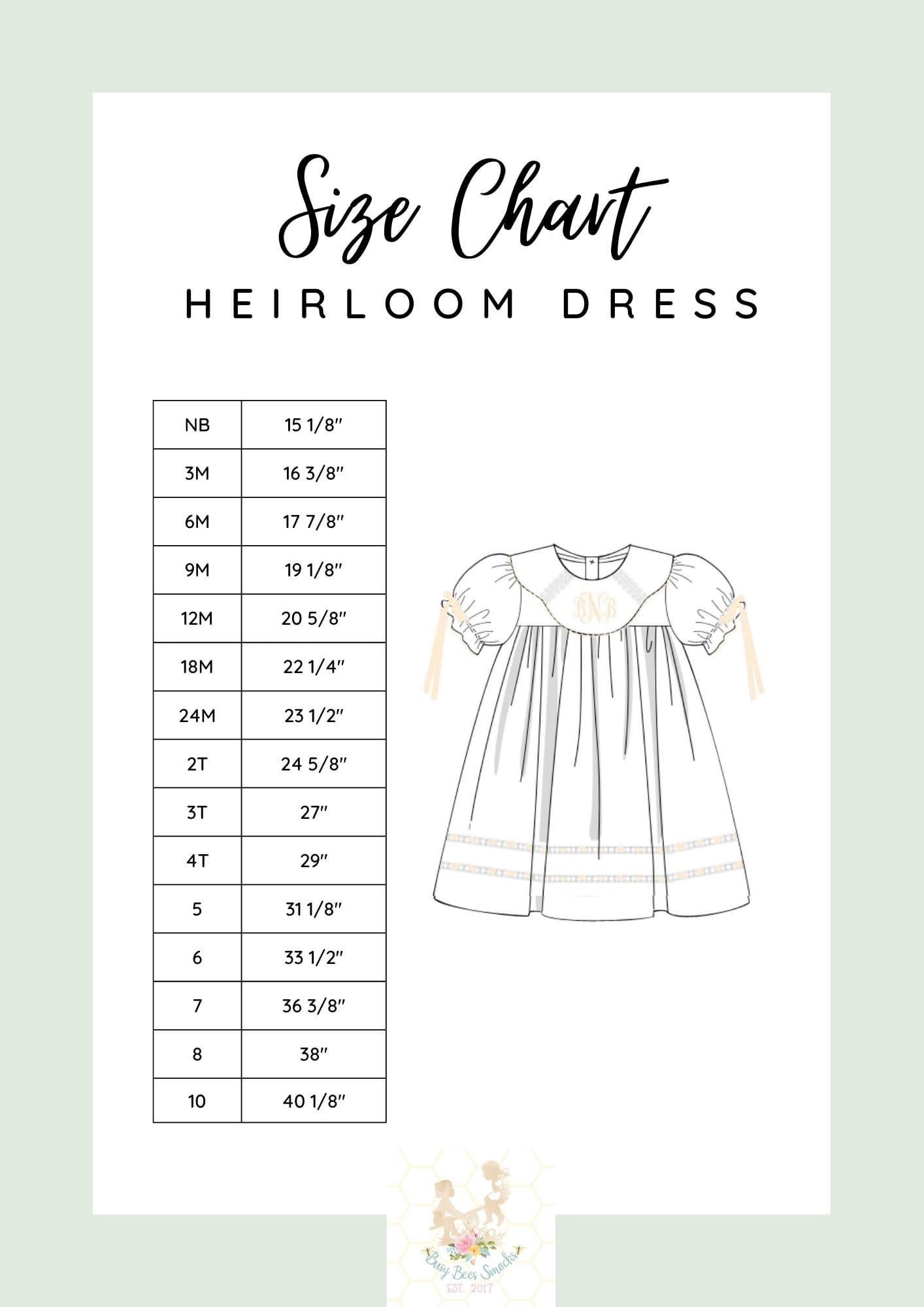 Heirloom Dress Size Chart
