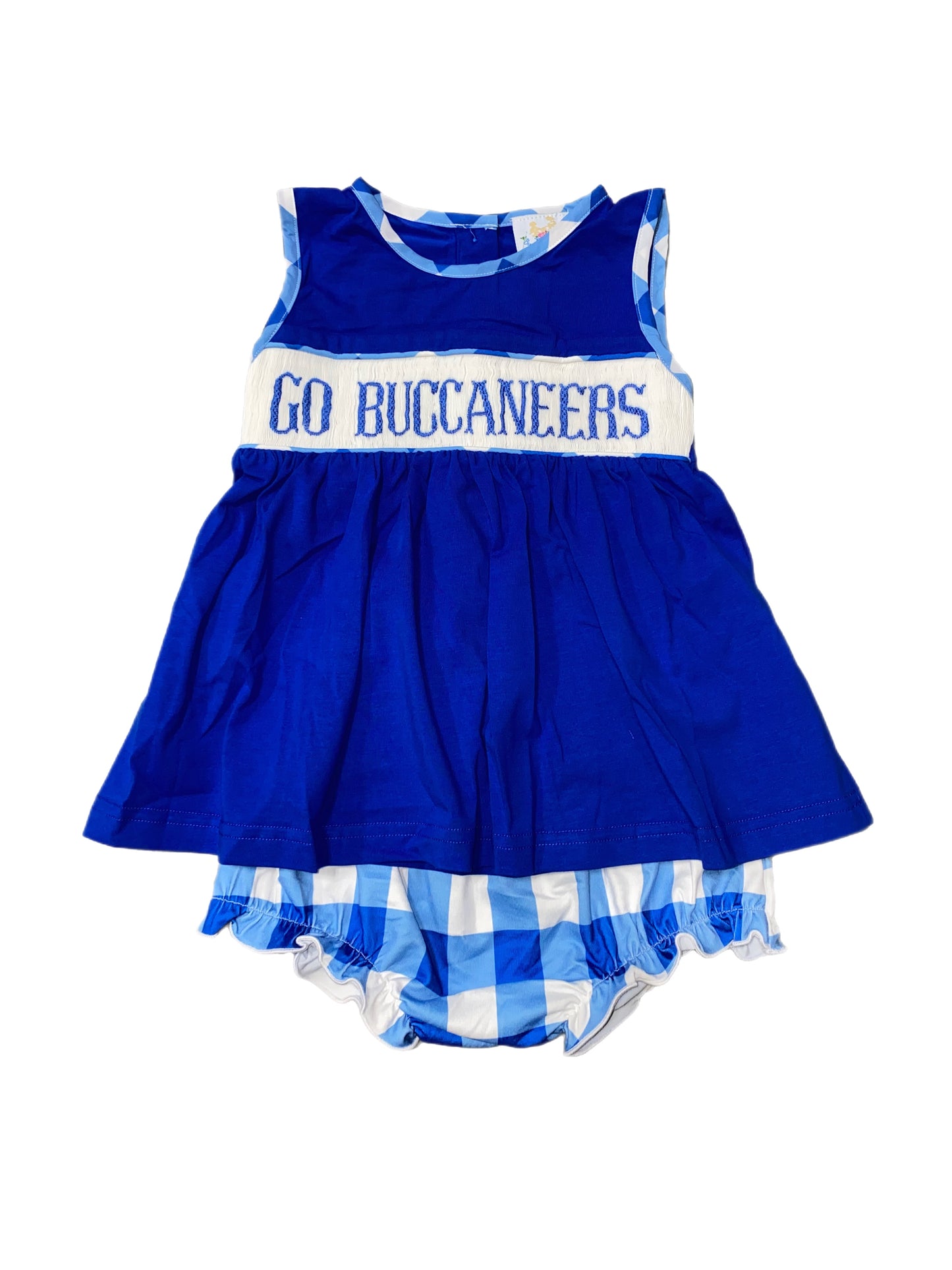 RTS: Girls Royal Blue & White Sleeveless Name Smock Diaper Set “ GO BUCCANEERS “