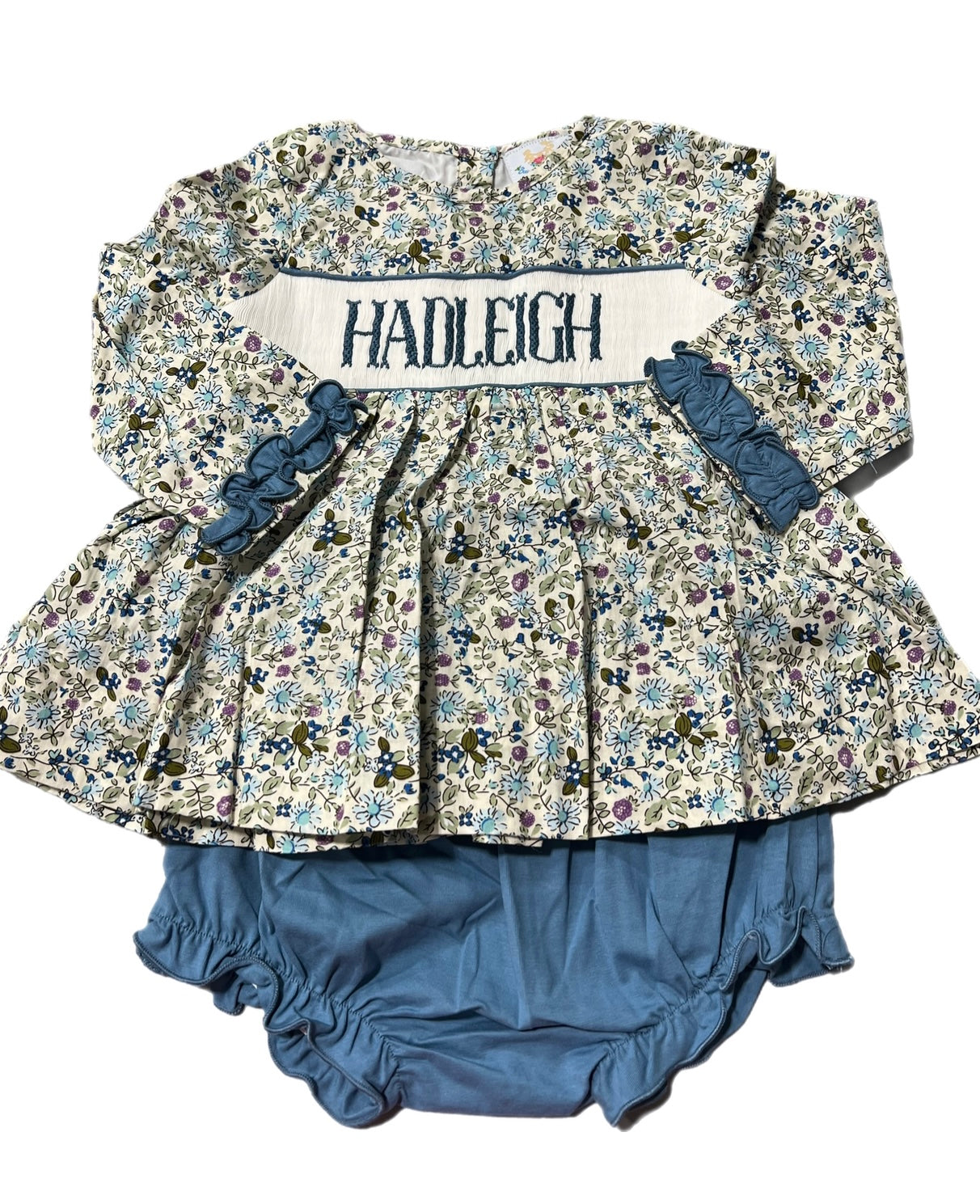 RTS: Fall Name Smocks- Rerun Floral/Linen Girl Diaper Set”Hadleigh”