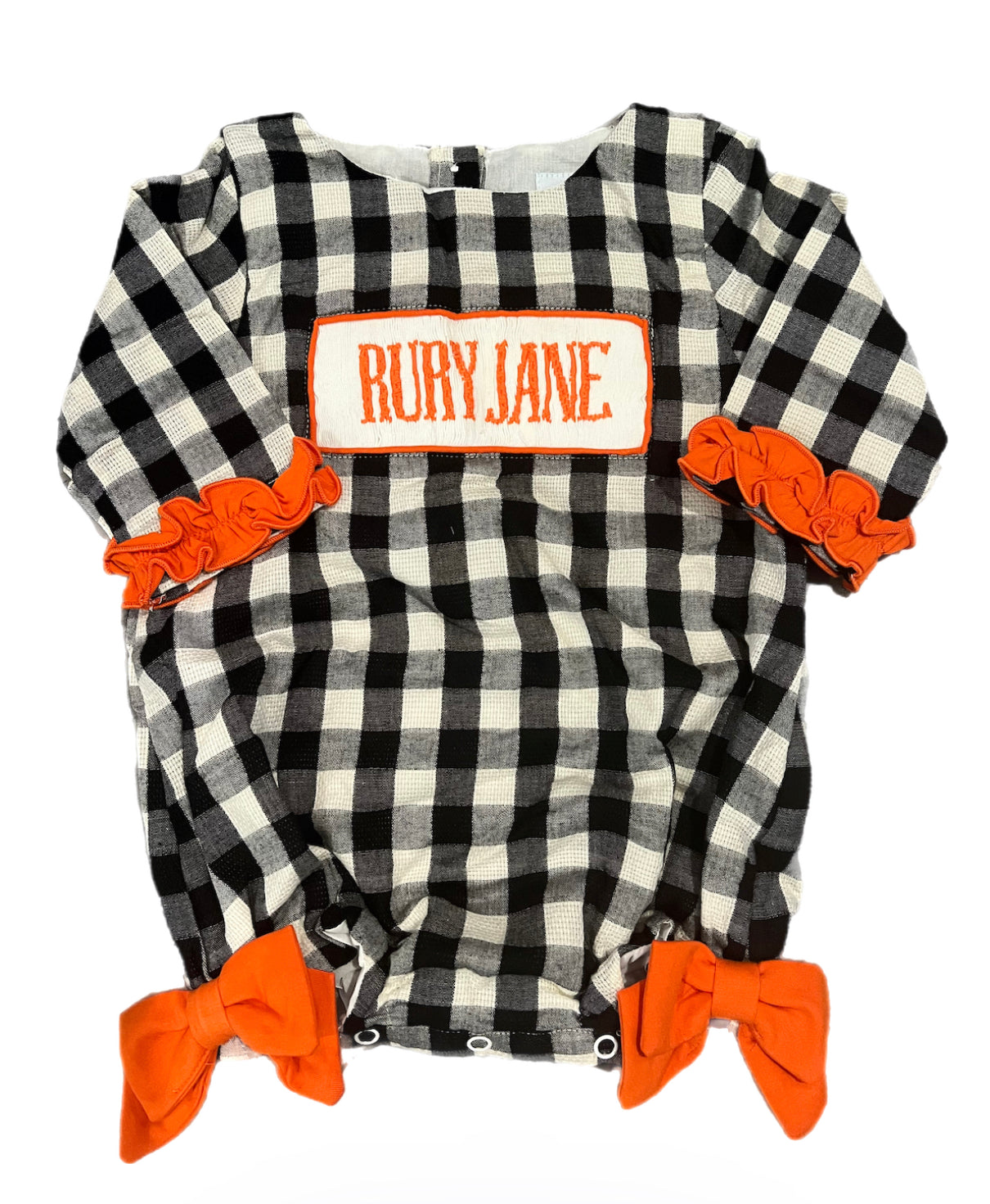 RTS: Defect-Girls Orange & Black Check Name Smock Linen Bubble “Rury Jane”