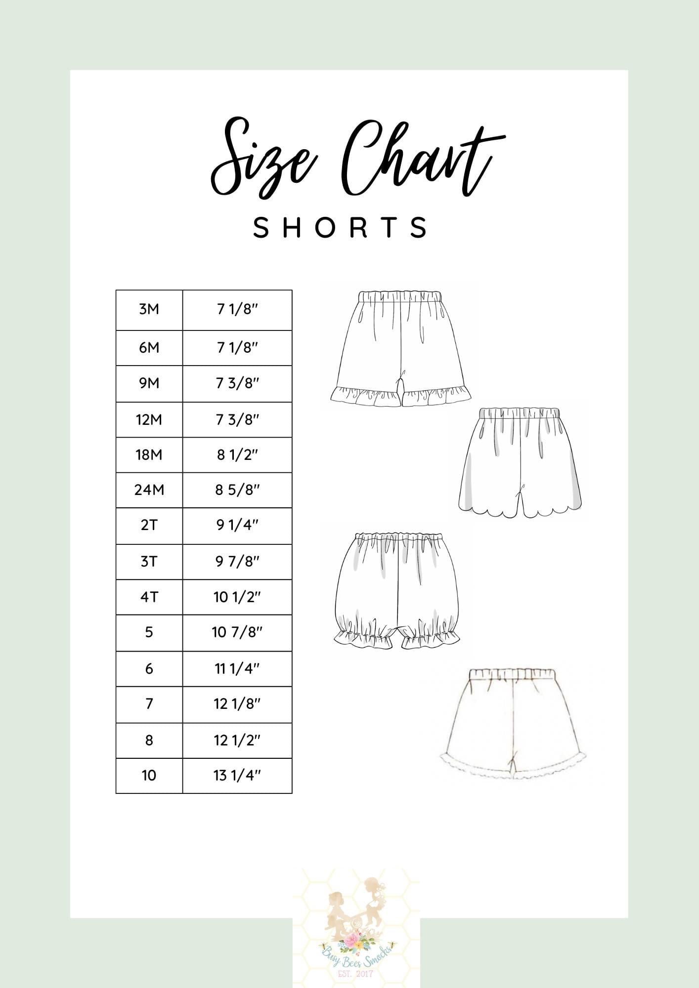 Girls Shorts Size Chart
