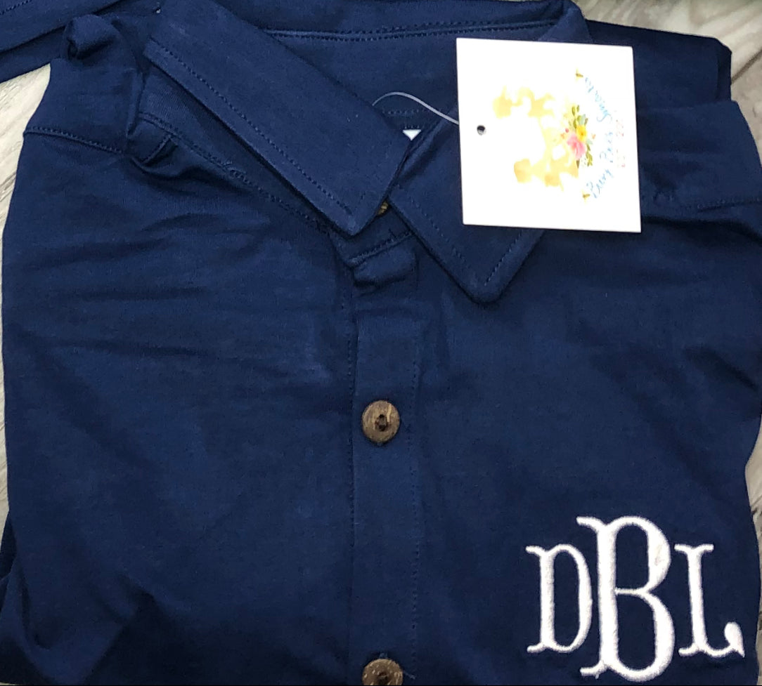 RTS: Boys Navy & Tan Stripes Button Up Shirt “EBS” “DBL”