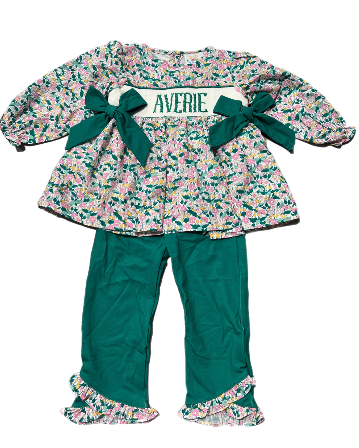 RTS: Girls Only- Floral & Green Knit Name Smock Legging Set “Averie”