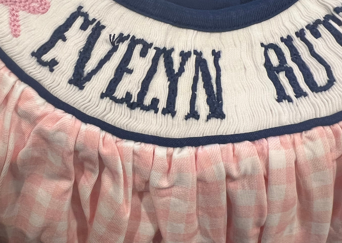 RTS: DEFECT- Winter Name Smock Collection- Navy & Pink Gingham- Girls Knit Romper (Evelyn Ruth)