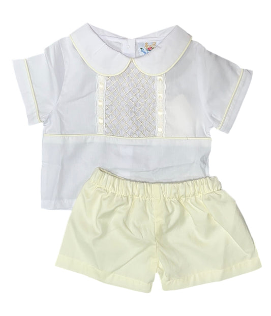 RTS: Boys White & Pale Yellow Heirloom Woven Short Set