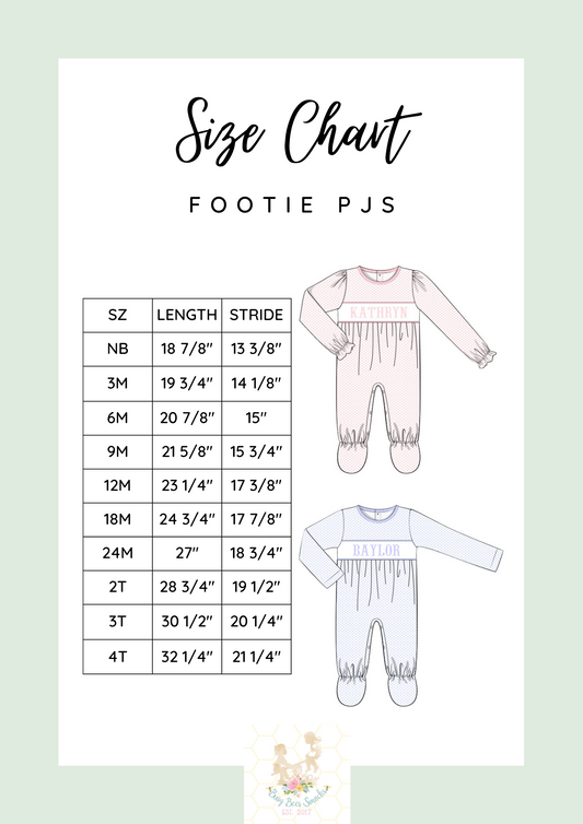 Footie Pajamas Size Chart