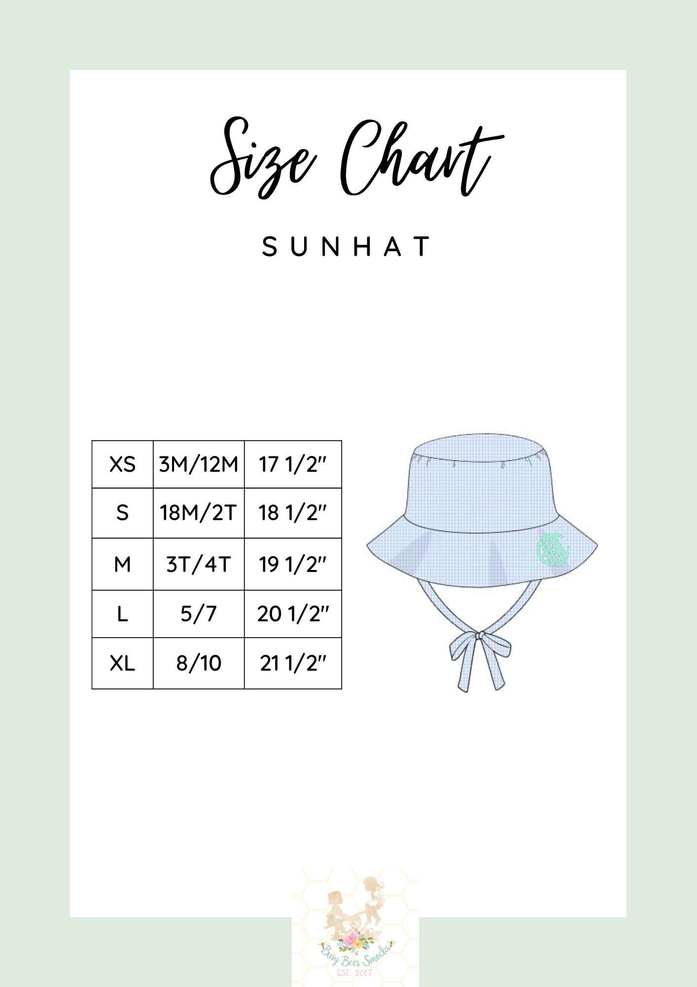 Sunhat Size Charts – Busy Bee Smocks!