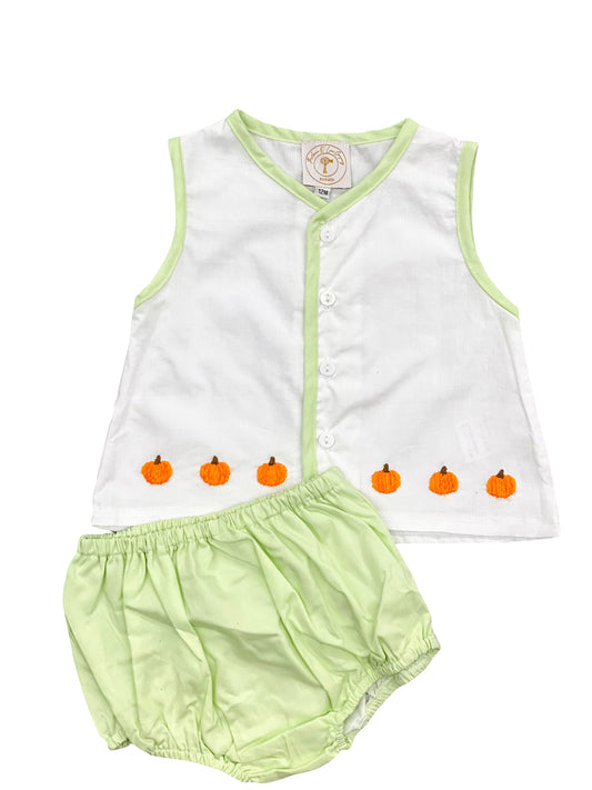 RTS: Anna O’ Lane: Ellie Green Diaper Set with Embroidered Pumpkins