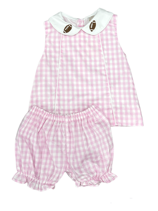 RTS: Anna O’ Lane: Embroidered Football Bubble Short Set in Pink Gingham
