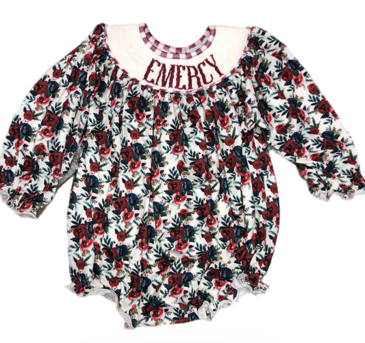 RTS: Defect-Girls Floral & Wine Gingham Name Smock Bubble "Emercy"