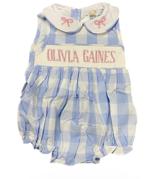 RTS: Girls McCurry Blue Check & Pink Bows Name Smock Bubble “Olivla Gaines”
