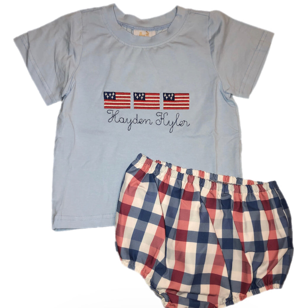 RTS: Boys Plaid Embroidered Flags Diaper Set “Hayden Kyler”