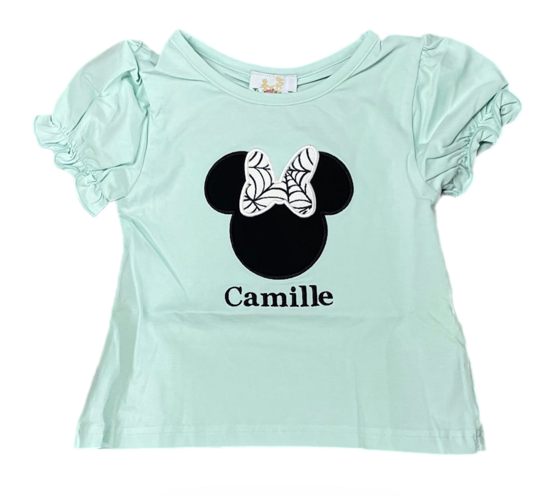 RTS: Girls Spiderweb Mouse Head Applique Shirt “Camille”