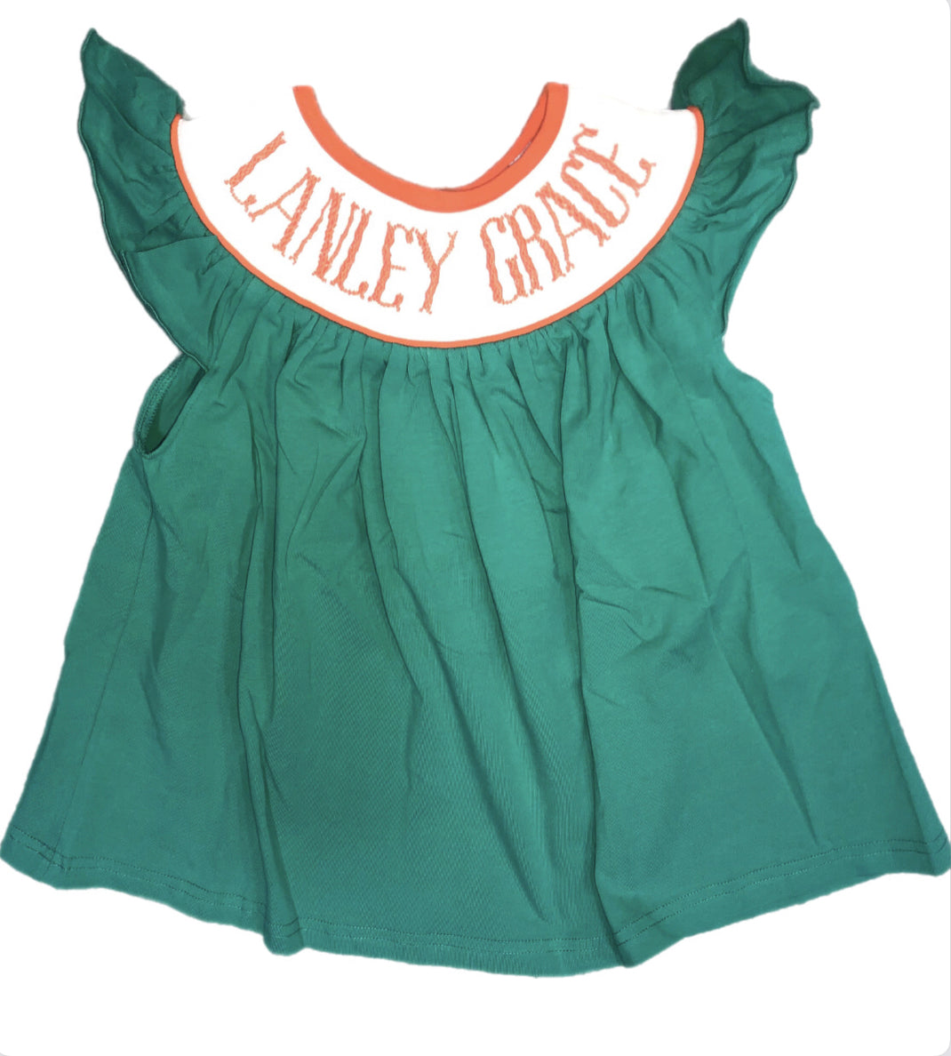 RTS: Girls Green Name Smock Bishop Shirt “Lanley Grace”