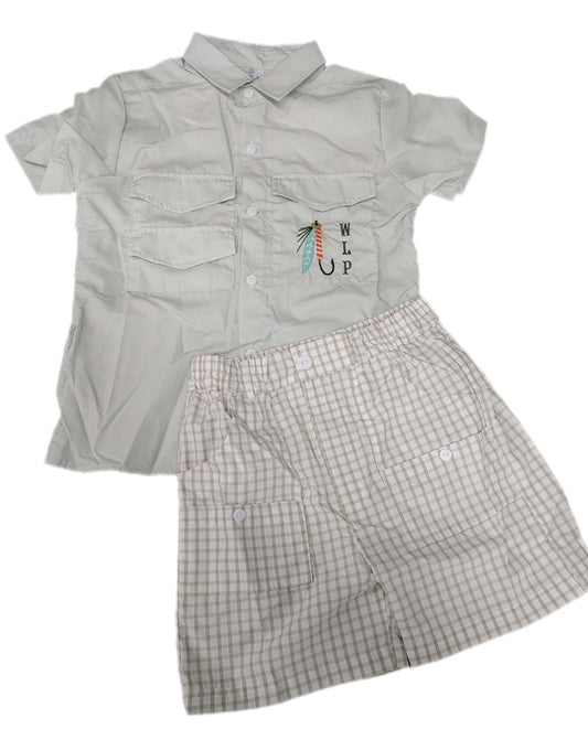 RTS: Boys Embroidered Fishing Lure Button Up Short Set "WLP"