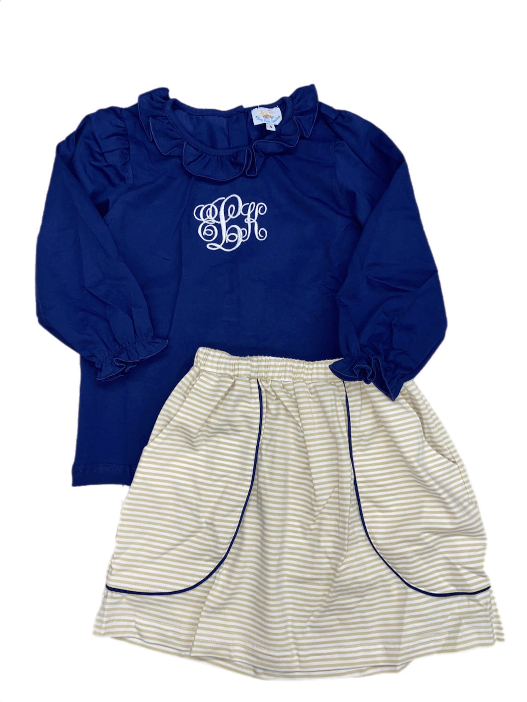 RTS: Girls Navy & Tan Stripe Knit Skirt Set “ELK”