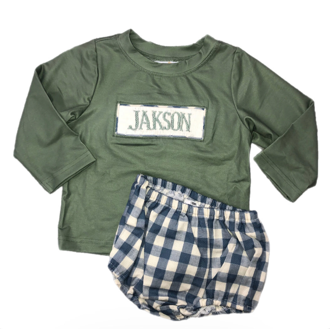 RTS: Defect-Boys Green & Blue Check Linen Name Smock Diaper Set “Jakson”