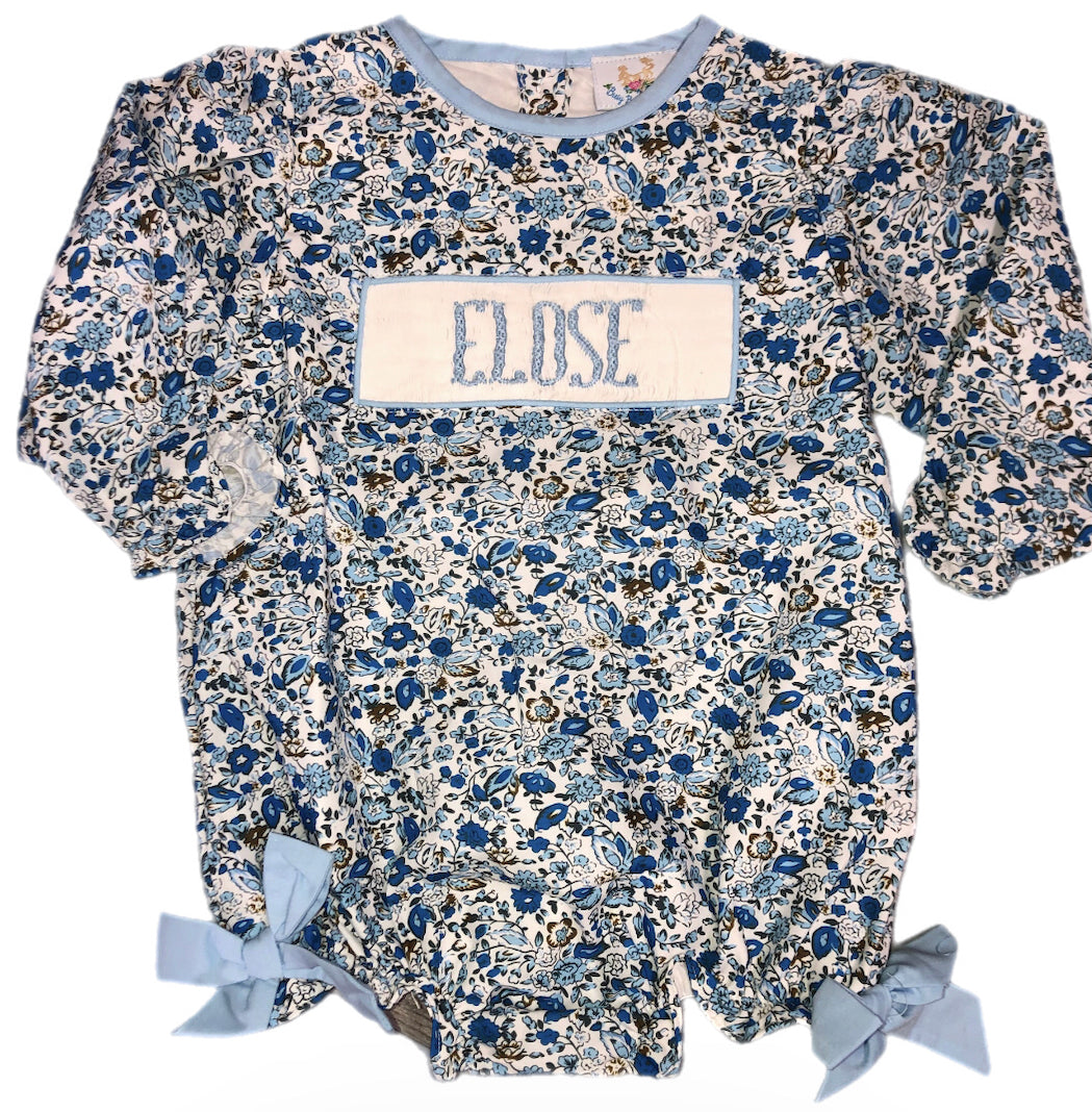 RTS: Girls Little Blue Flowers Name Smock Bubble "Elose"