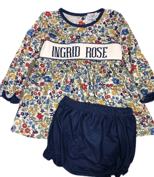 RTS: Defect-Girls Fall Floral Name Smock Diaper Set "Ingrid Rose"