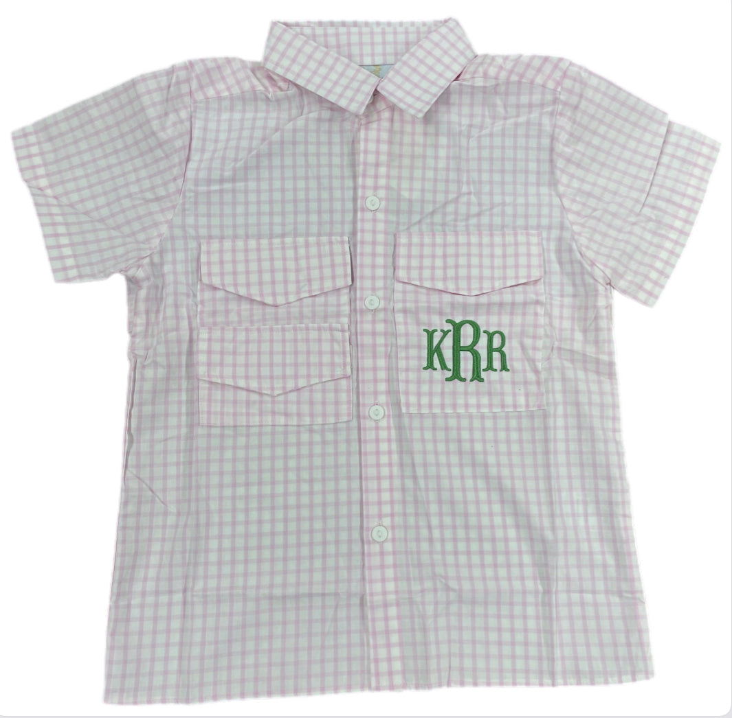 RTS: Boys Pink Windowpane Bass Appliqué Fishing Style Shirt “BML” “KRR”