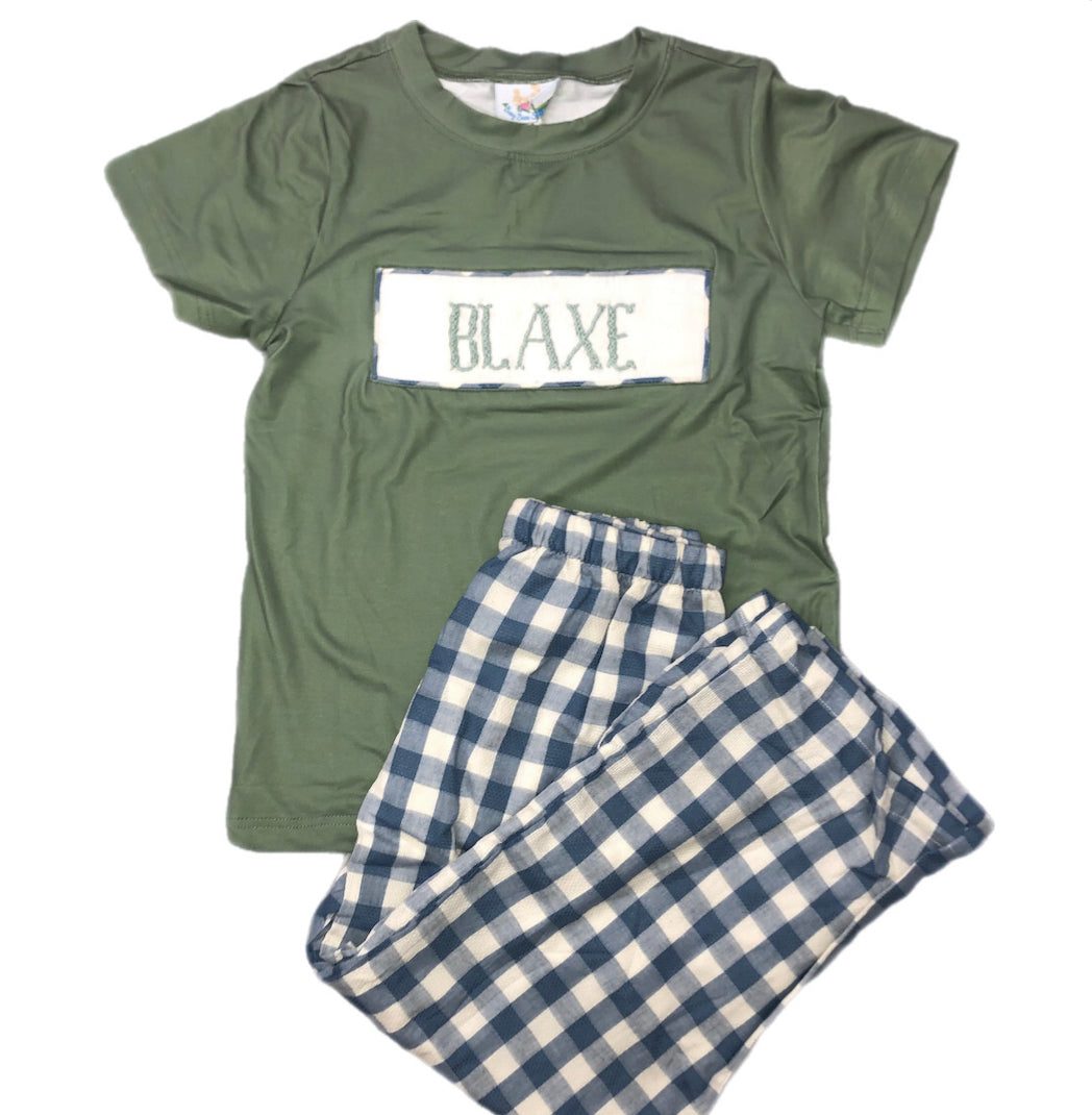 RTS: Defect-Boys Green & Blue Check Linen Name Smock Pant Set “Blaxe”