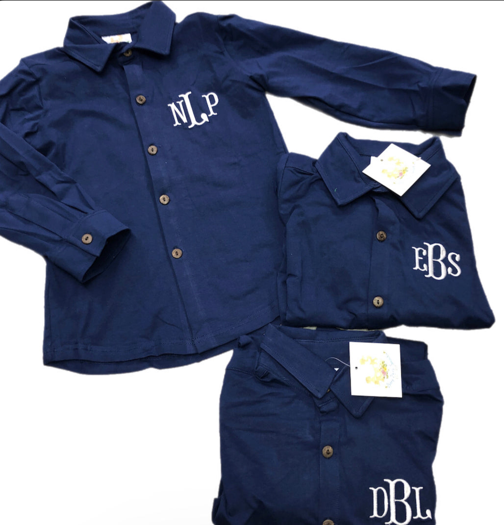 RTS: Boys Navy & Tan Stripes Button Up Shirt “EBS” “DBL”