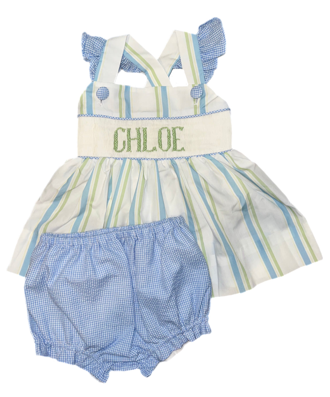 RTS: SBSC- Name Smock Collection- Brooks Stripes- Girls Woven Diaper Set “Chloe”