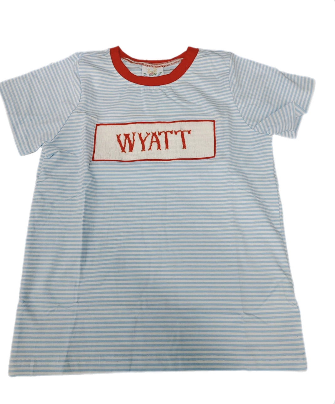 RTS: Boys Blue & White Stripe Name Smock Shirt “Wyatt”