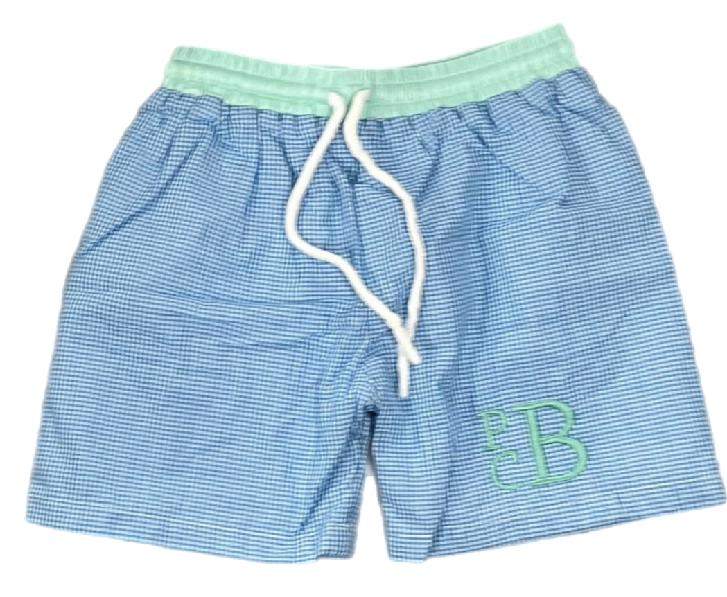RTS: Boys Mint & Blue Gingham Traditional Swim Shorts “BBW” “PBC”