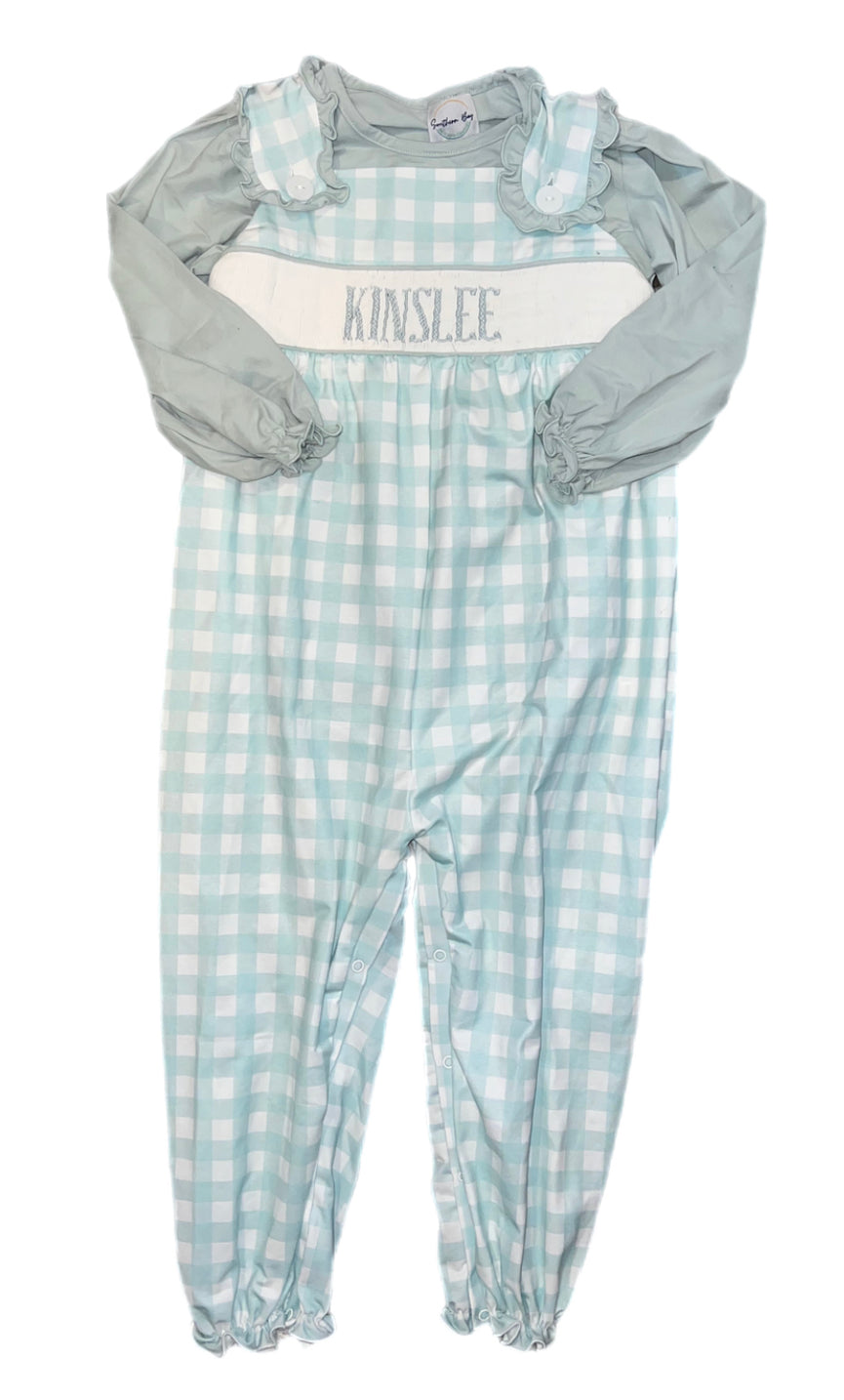RTS: SBSC- Girls Mint Gingham Name Smock- 2pc Knit Romper “Kinslee”