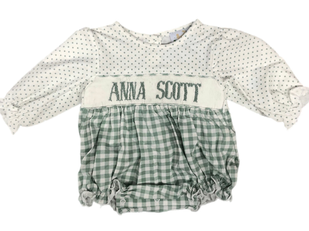 RTS: Girls Sage Gingham & Polka Dot Bubble “Anna Scott.”
