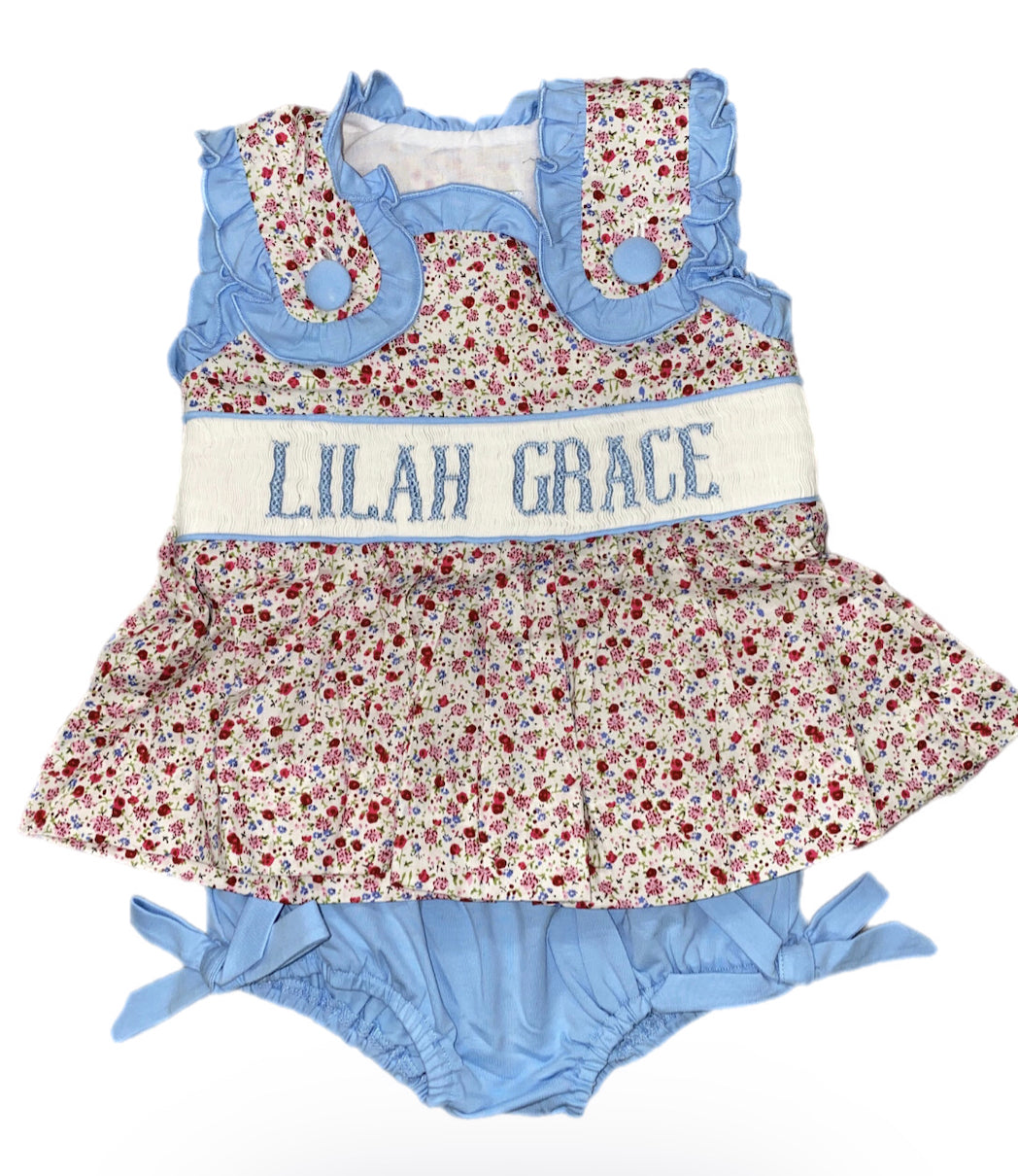 RTS: Girls Pink Floral & Blue Name Smock Diaper Set “LILAH GRACE”