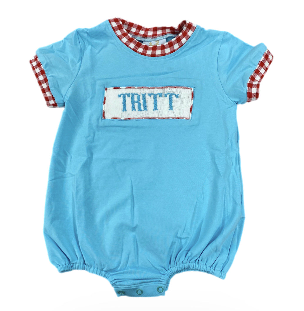 RTS: Defect- Boys Blue & Red Gingham Name Smock Bubble “TRITT”