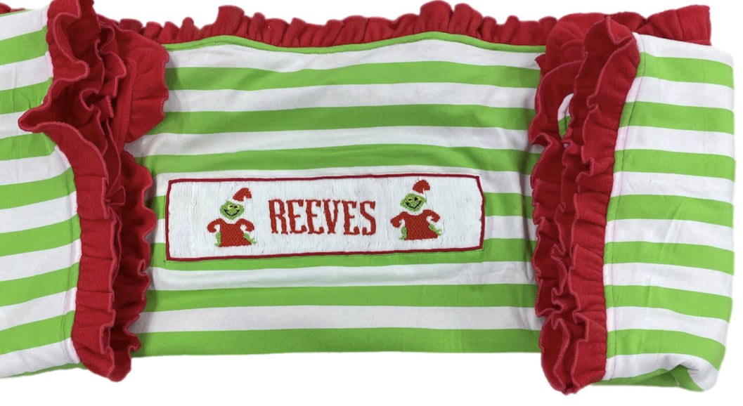 RTS: Girls Grinch Name Smock Blanket “Reeves”