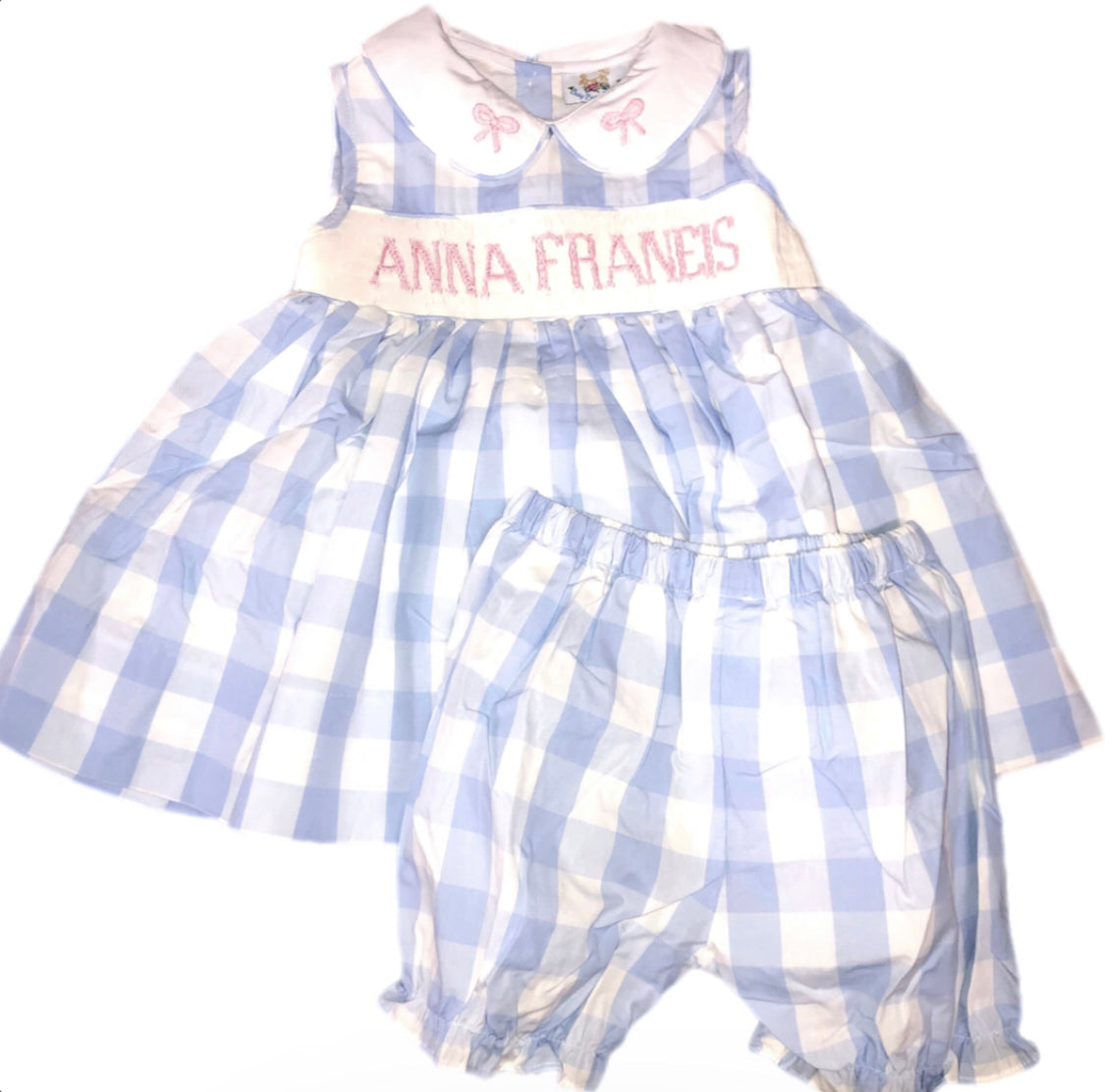 RTS: Girls Blue Check & Pink Bows Name Smock Bubble Short Set “Anna Franeis”