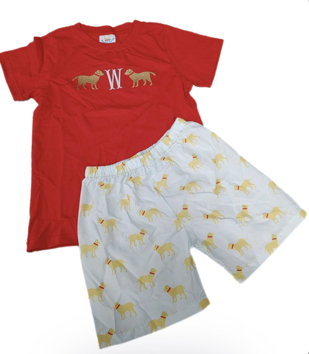 RTS: Boys Red & Blue Embroidered Puppy Short Set "W"