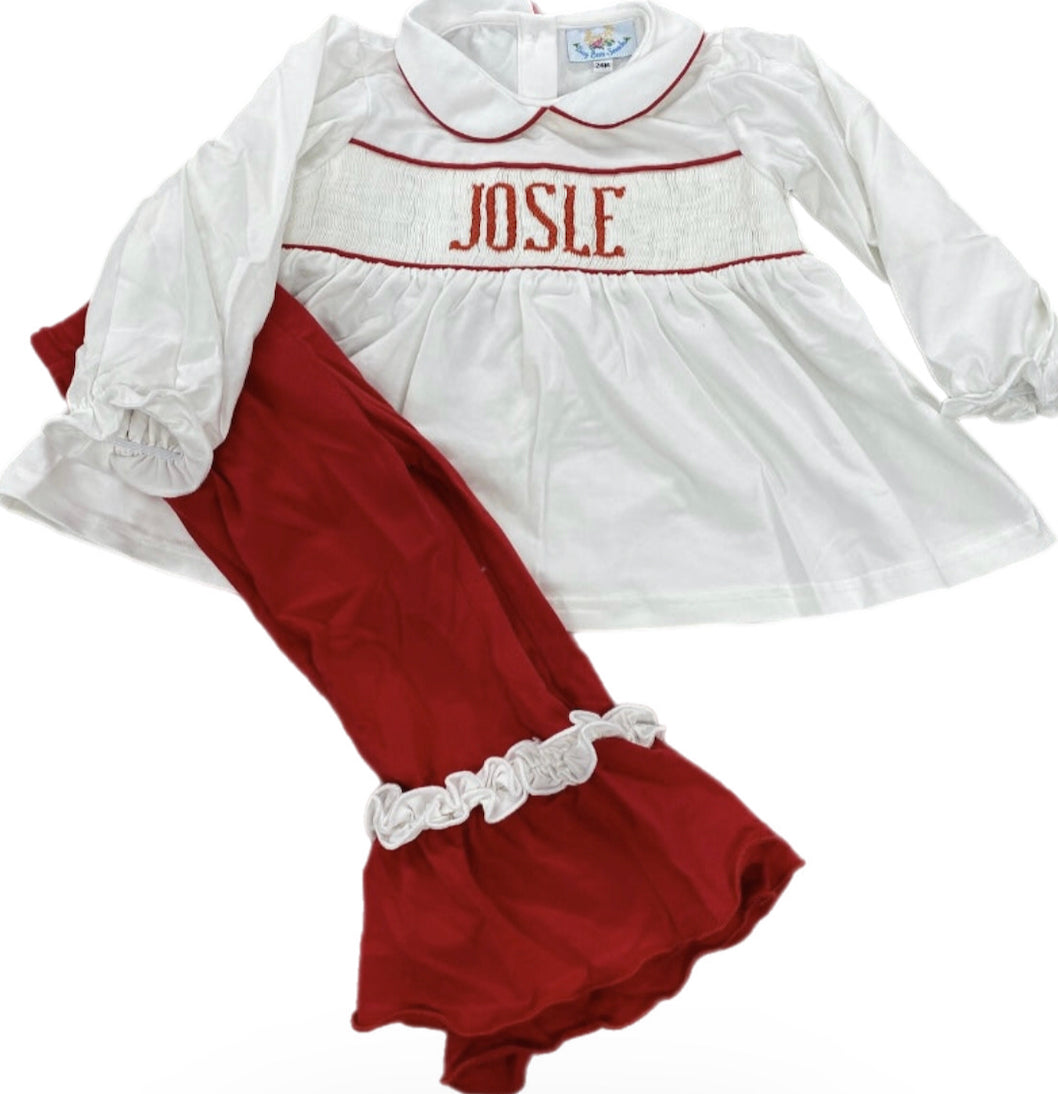 RTS: Girls Red & White Name Smock Knit Pant Set “Willow” “Josie”