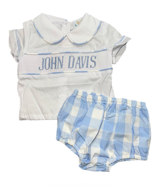 RTS: Boys McCurry Blue Check Name Smock Diaper Set “John Davis”
