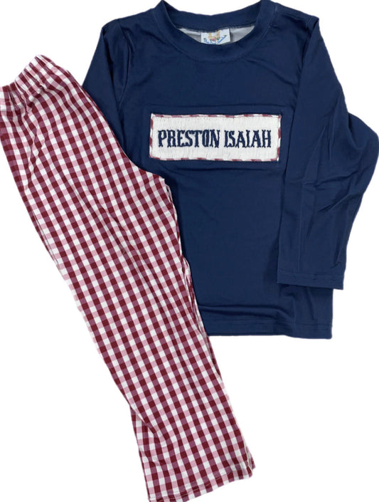 RTS: Boys Navy & Wine Gingham Name Smock Pant Set “Preston Isaiah”